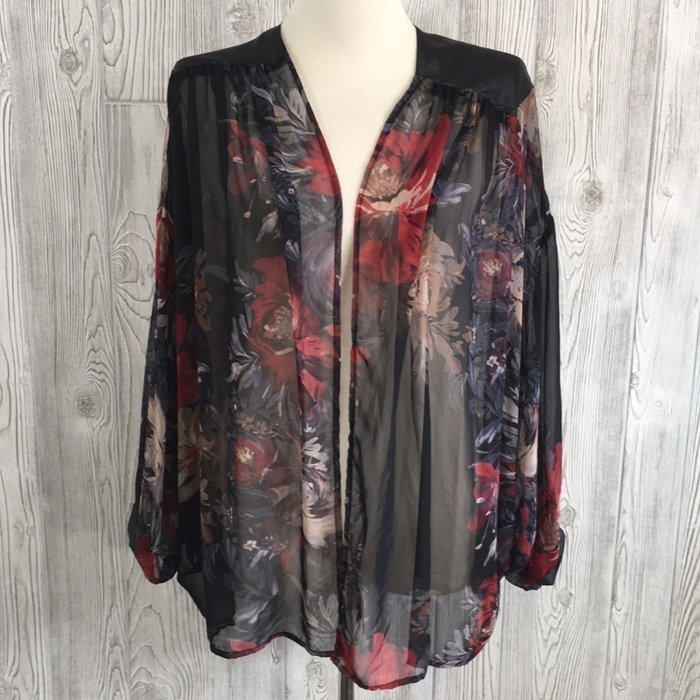 Status by Chenault Vintage Y2K Sheer Floral Black Red Open Cardigan L